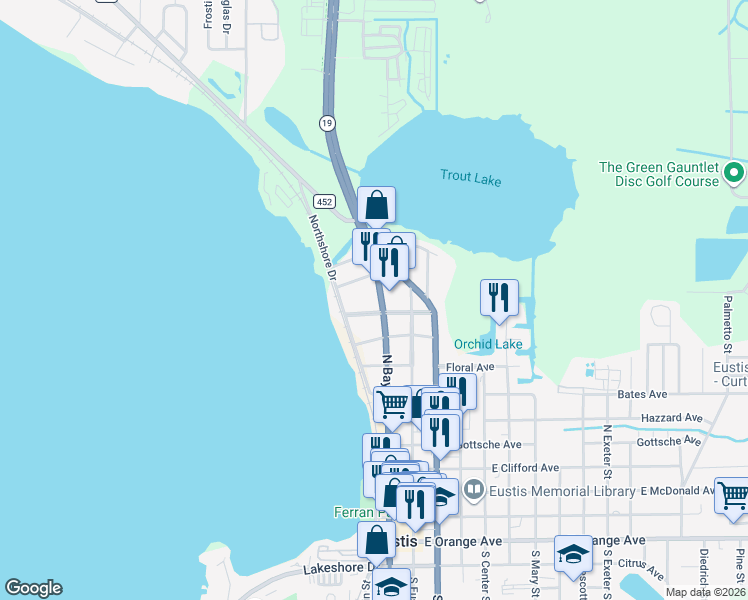map of restaurants, bars, coffee shops, grocery stores, and more near 900 North Bay Street in Eustis