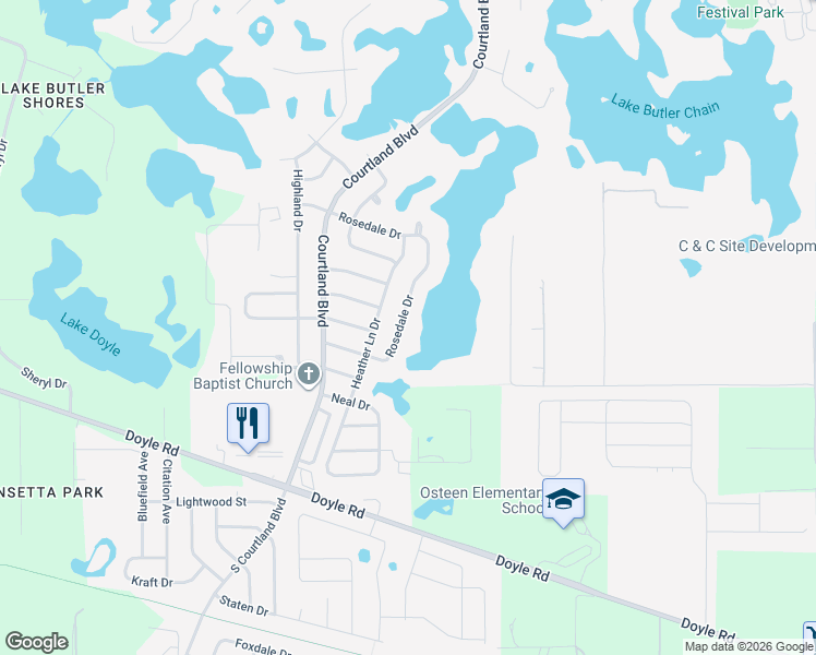 map of restaurants, bars, coffee shops, grocery stores, and more near 153 Rosedale Drive in Deltona