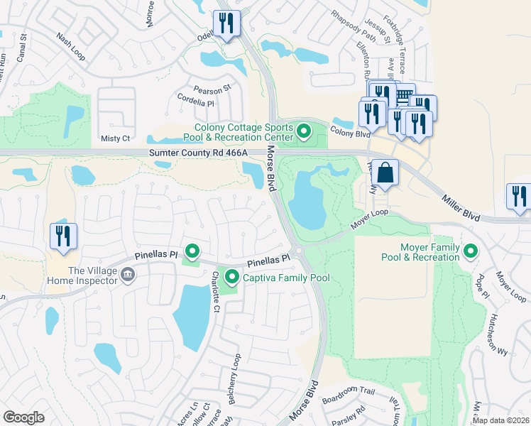 map of restaurants, bars, coffee shops, grocery stores, and more near 569 Baker Lane in The Villages