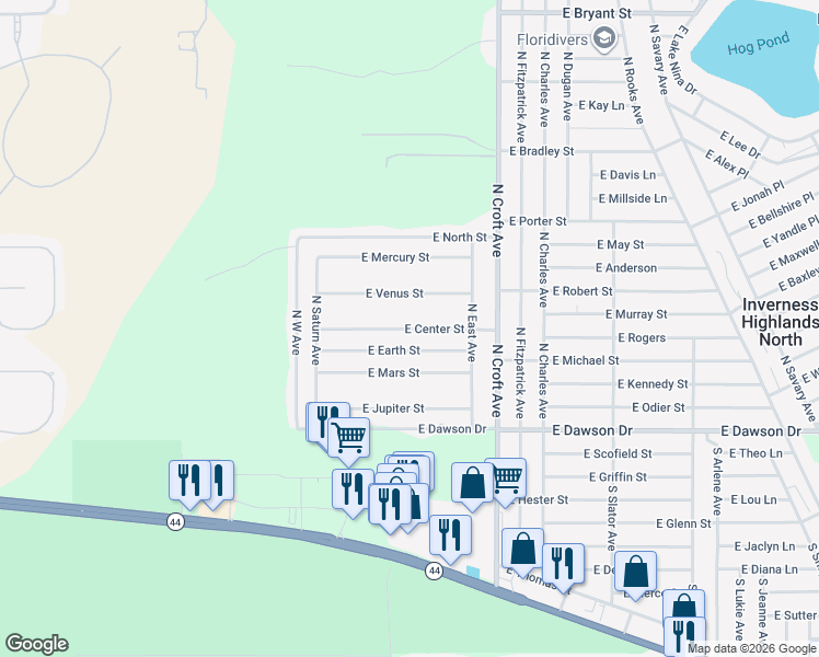 map of restaurants, bars, coffee shops, grocery stores, and more near 2691 East Center Street in Inverness