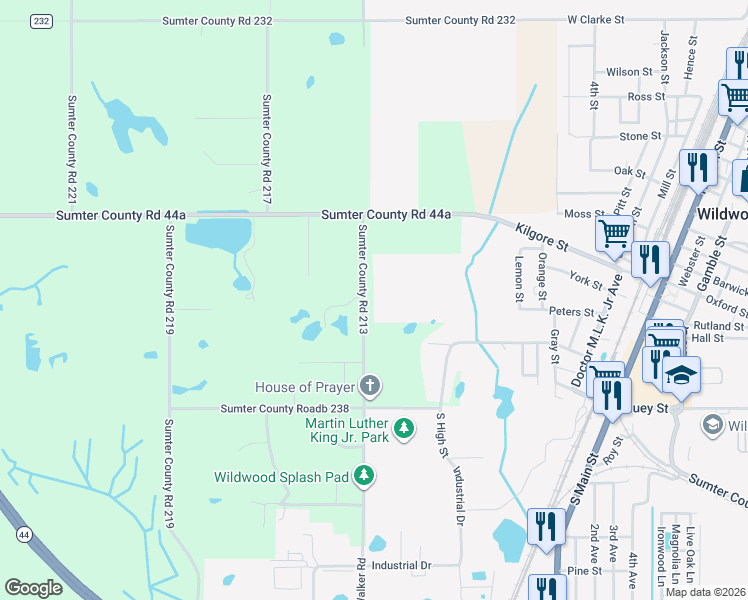 map of restaurants, bars, coffee shops, grocery stores, and more near 7095 County Road 213 in Wildwood