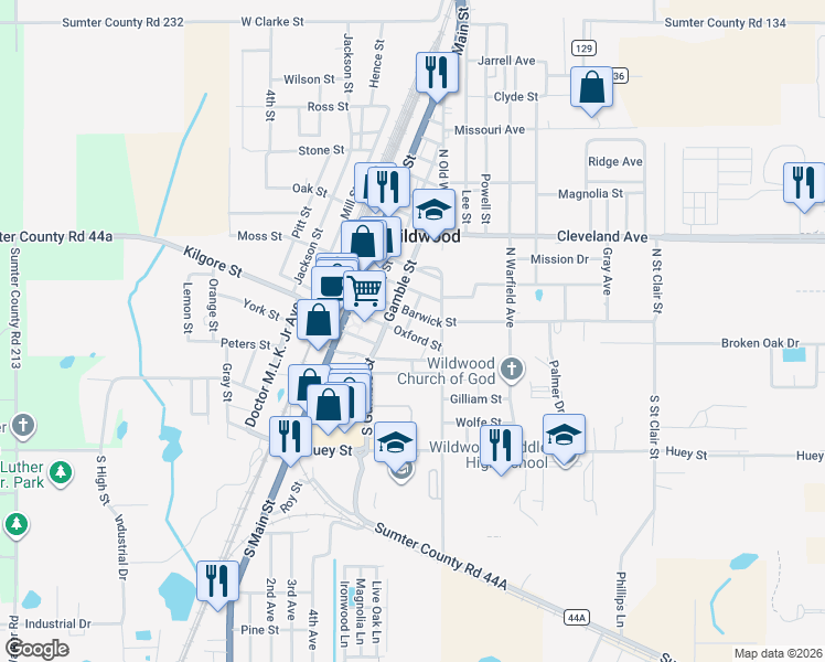 map of restaurants, bars, coffee shops, grocery stores, and more near 300 Mason Street in Wildwood