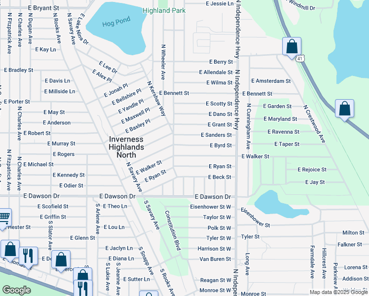 map of restaurants, bars, coffee shops, grocery stores, and more near 3880 East Byrd Street in Inverness