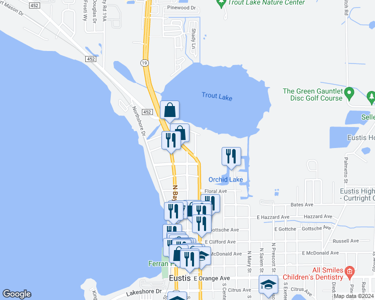 map of restaurants, bars, coffee shops, grocery stores, and more near 1800 North Eustis Street in Eustis