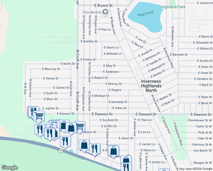 map of restaurants, bars, coffee shops, grocery stores, and more near 3173 East Murray Street in Inverness