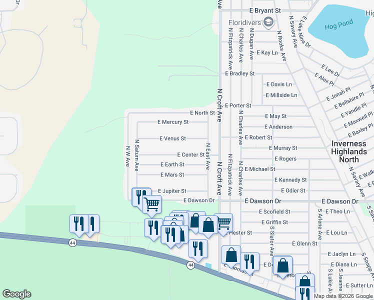 map of restaurants, bars, coffee shops, grocery stores, and more near 2730 East Venus Street in Inverness