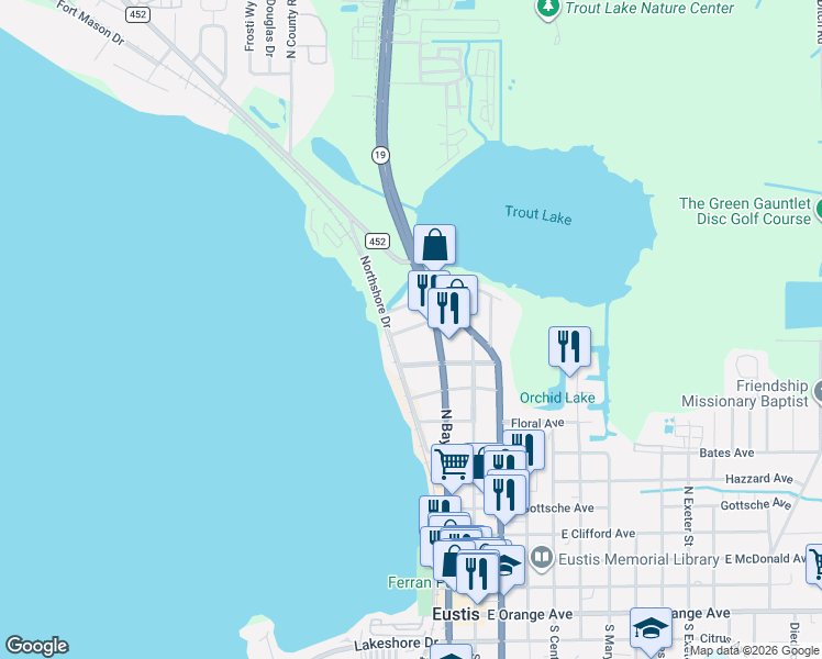 map of restaurants, bars, coffee shops, grocery stores, and more near 26 West Herrick Drive in Eustis