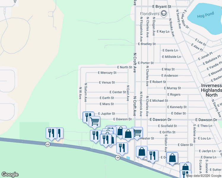 map of restaurants, bars, coffee shops, grocery stores, and more near 2691 East Center Street in Inverness