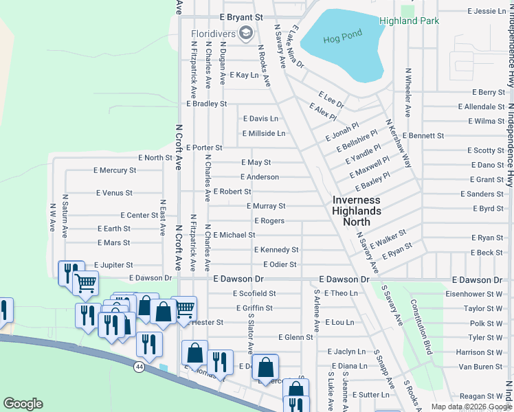 map of restaurants, bars, coffee shops, grocery stores, and more near 3173 East Murray Street in Inverness
