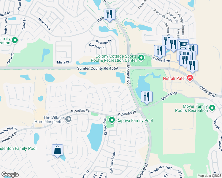 map of restaurants, bars, coffee shops, grocery stores, and more near 693 Bradford Loop in The Villages