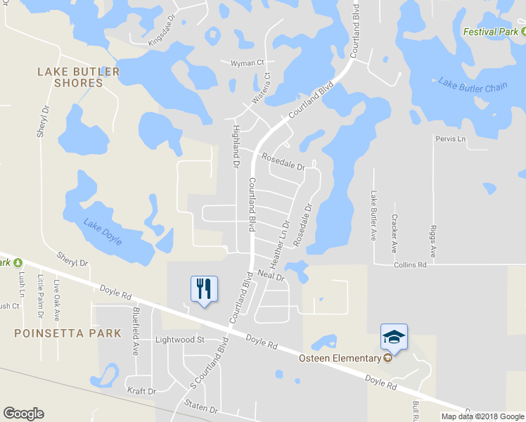 map of restaurants, bars, coffee shops, grocery stores, and more near 2920 Devonshire Street in Deltona