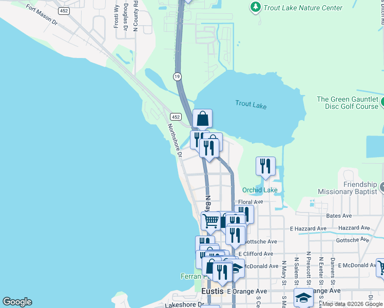 map of restaurants, bars, coffee shops, grocery stores, and more near 23 West Herrick Drive in Eustis