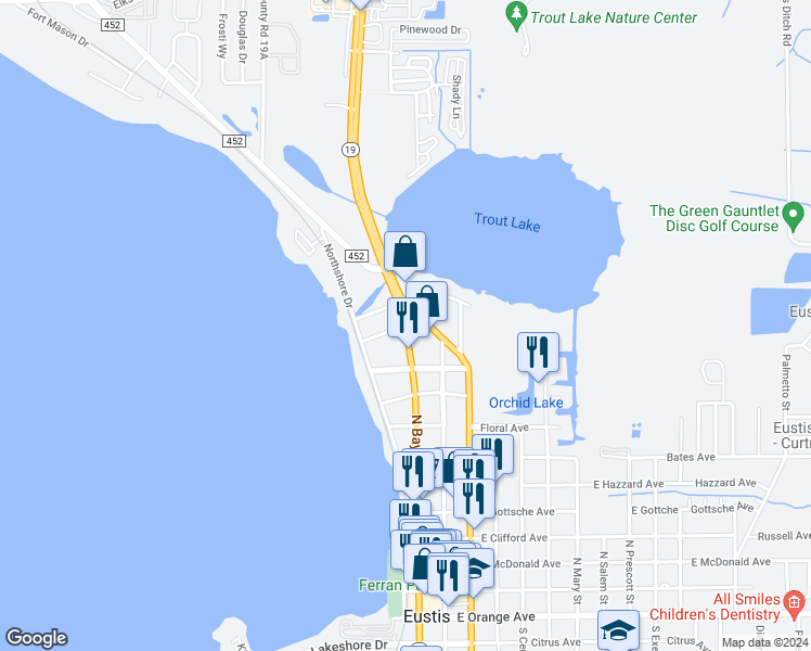 map of restaurants, bars, coffee shops, grocery stores, and more near 1001 Florida 19 in Palatka