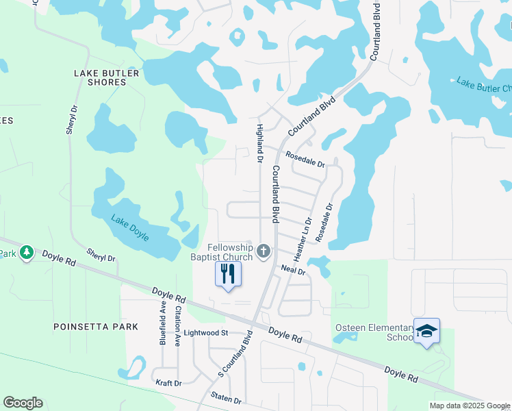 map of restaurants, bars, coffee shops, grocery stores, and more near 2805 Arrendonda Drive in Deltona