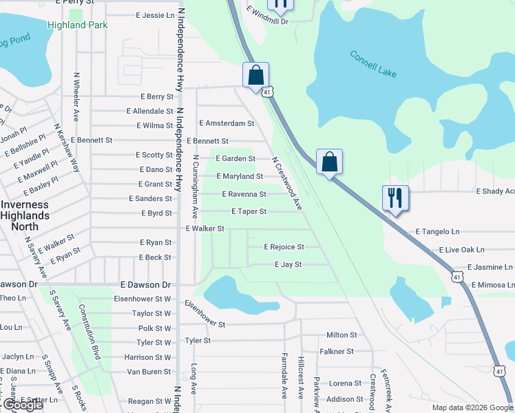 map of restaurants, bars, coffee shops, grocery stores, and more near 4447 East Taper Street in Inverness