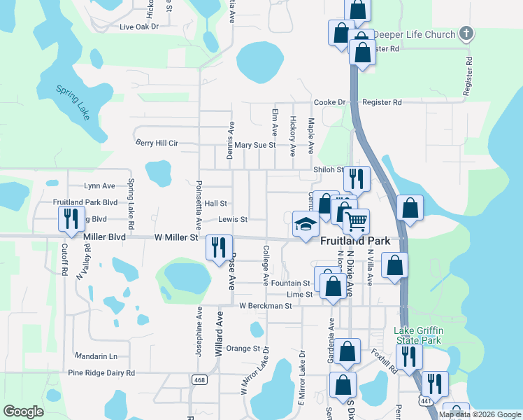 map of restaurants, bars, coffee shops, grocery stores, and more near 500 College Avenue in Fruitland Park