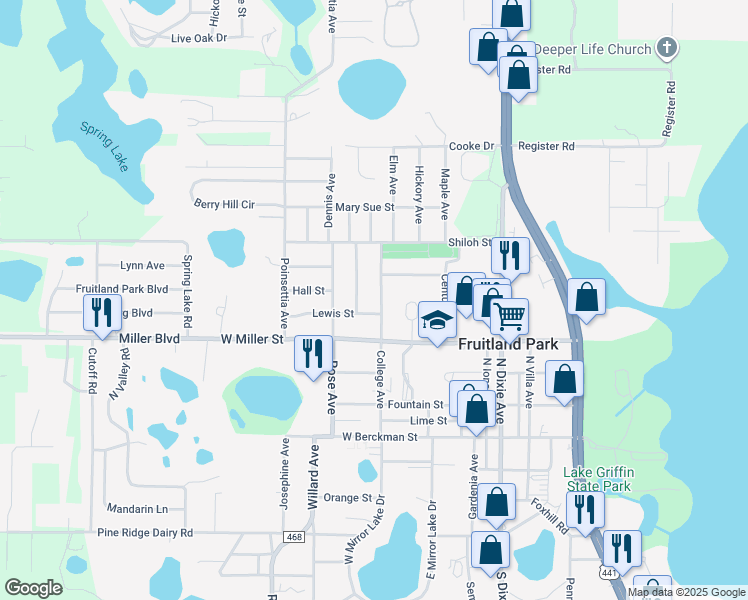 map of restaurants, bars, coffee shops, grocery stores, and more near 500 College Avenue in Fruitland Park
