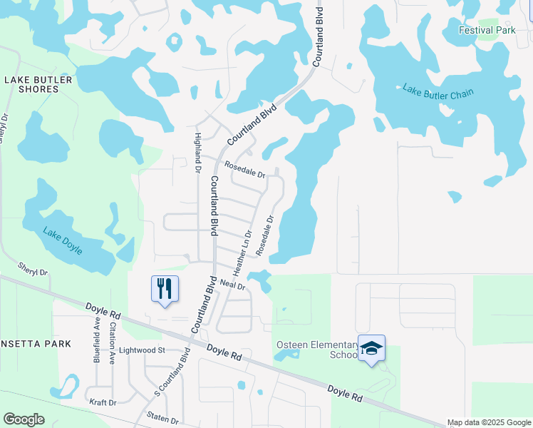 map of restaurants, bars, coffee shops, grocery stores, and more near 166 Rosedale Drive in Deltona