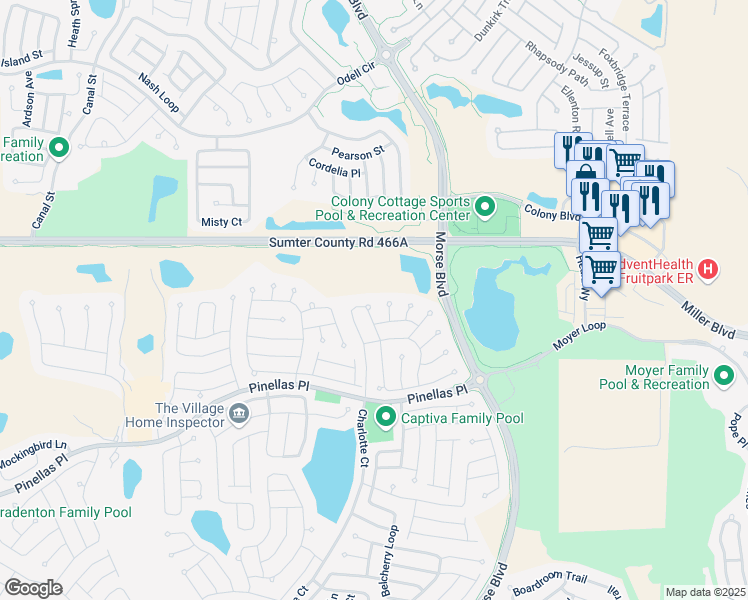 map of restaurants, bars, coffee shops, grocery stores, and more near 693 Bradford Loop in The Villages