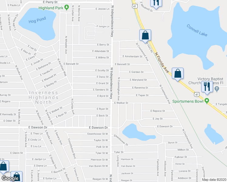 map of restaurants, bars, coffee shops, grocery stores, and more near 175 North Independence Highway in Inverness