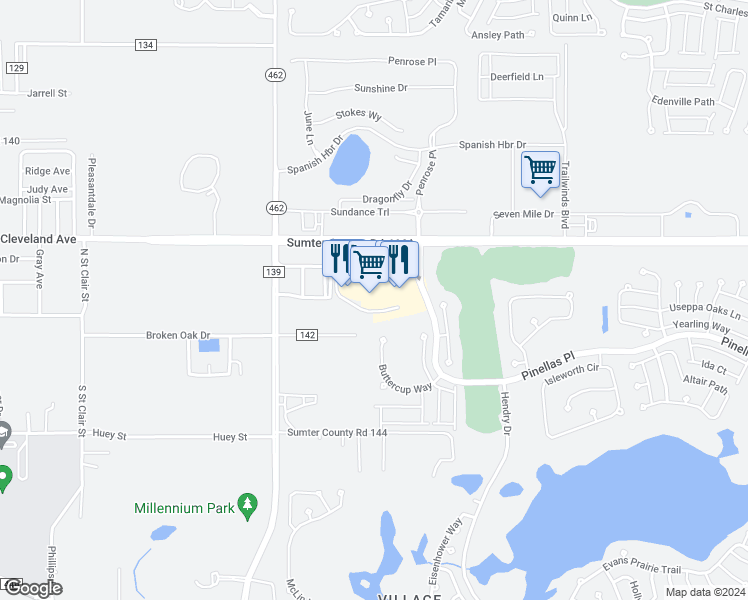map of restaurants, bars, coffee shops, grocery stores, and more near 2500 THE VILLAGES in The Villages