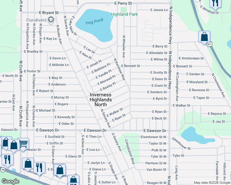 map of restaurants, bars, coffee shops, grocery stores, and more near 3733 East Sanders Street in Inverness