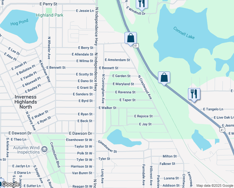 map of restaurants, bars, coffee shops, grocery stores, and more near 4312 East Ravenna Street in Inverness