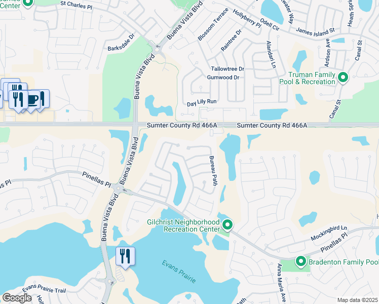 map of restaurants, bars, coffee shops, grocery stores, and more near 2935 Luraville Road in The Villages