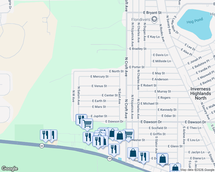 map of restaurants, bars, coffee shops, grocery stores, and more near 2730 East Venus Street in Inverness