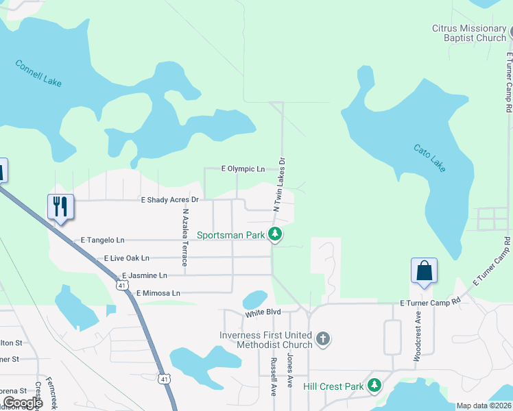 map of restaurants, bars, coffee shops, grocery stores, and more near 5685 East Shady Acres Drive in Inverness