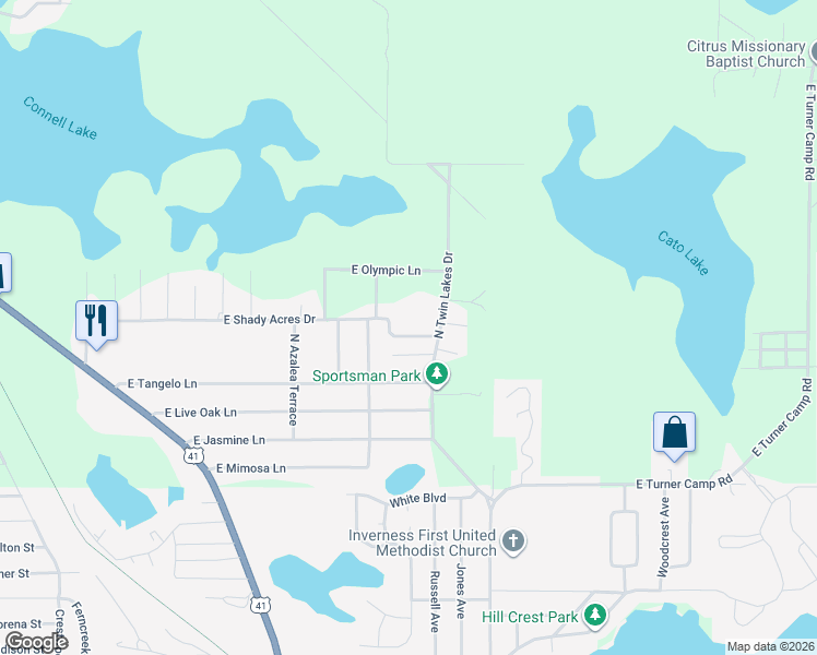 map of restaurants, bars, coffee shops, grocery stores, and more near 5685 East Shady Acres Drive in Inverness