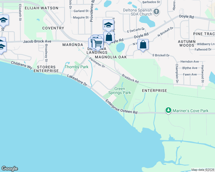 map of restaurants, bars, coffee shops, grocery stores, and more near 120 Hibiscus Woods Court in Deltona