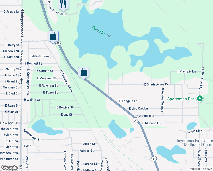 map of restaurants, bars, coffee shops, grocery stores, and more near 150 North Sportsmans Point in Inverness