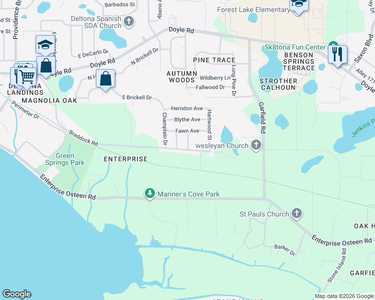 map of restaurants, bars, coffee shops, grocery stores, and more near Fordham Street in Deltona