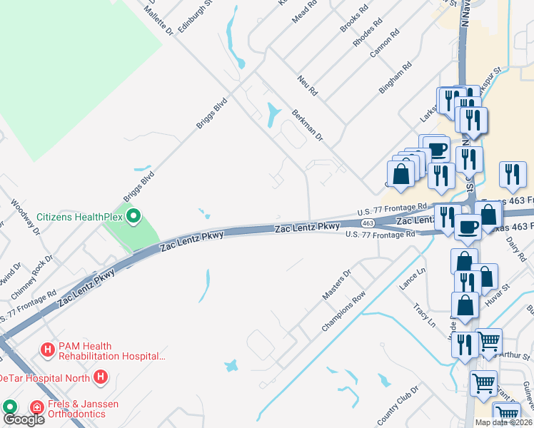 map of restaurants, bars, coffee shops, grocery stores, and more near 8602 Zac Lentz Parkway in Victoria