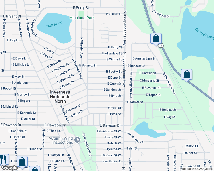 map of restaurants, bars, coffee shops, grocery stores, and more near 3998 East Dano Street in Inverness