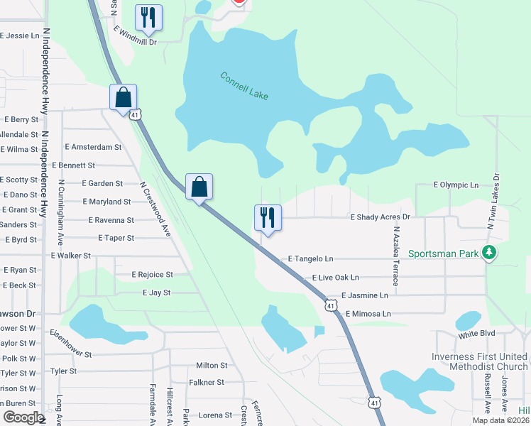 map of restaurants, bars, coffee shops, grocery stores, and more near 4929 East Shady Acres Drive in Inverness