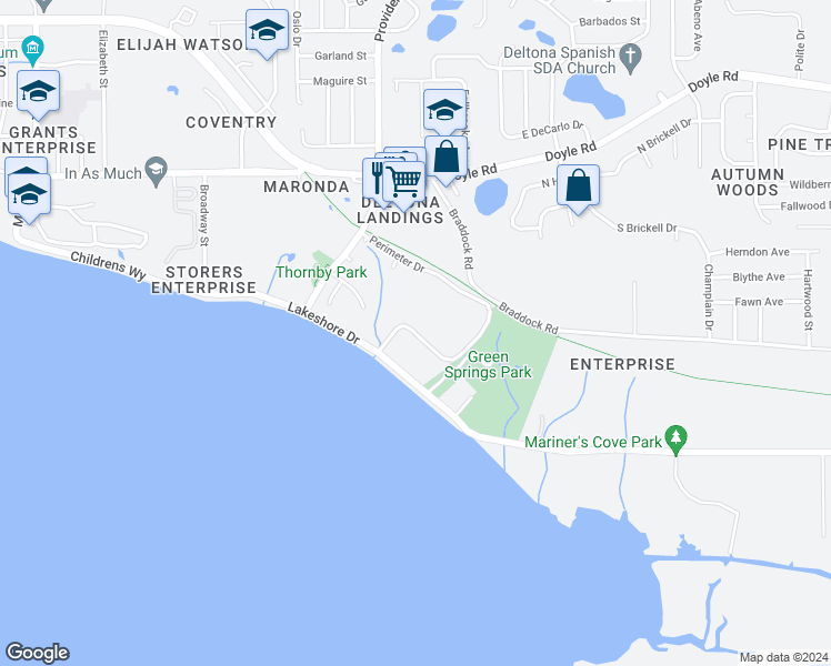 map of restaurants, bars, coffee shops, grocery stores, and more near 110 Cypress Woods Court in Deltona
