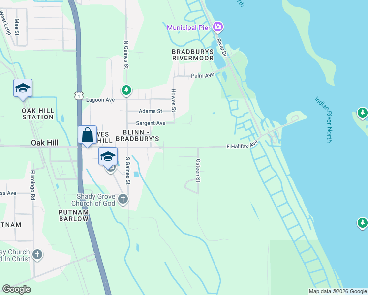 map of restaurants, bars, coffee shops, grocery stores, and more near East Halifax Avenue in Oak Hill