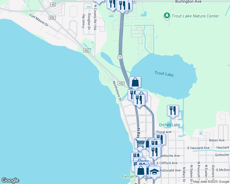 map of restaurants, bars, coffee shops, grocery stores, and more near 1111 Northshore Drive in Eustis
