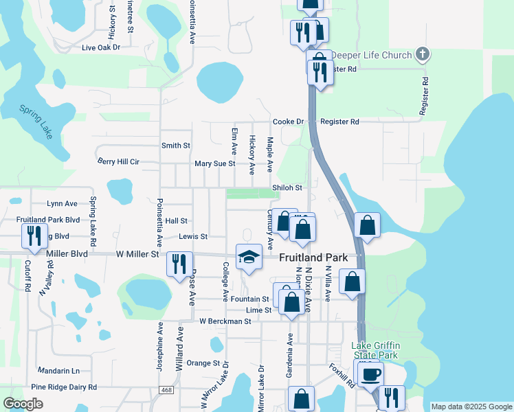 map of restaurants, bars, coffee shops, grocery stores, and more near 304 Oakwood Lane in Fruitland Park
