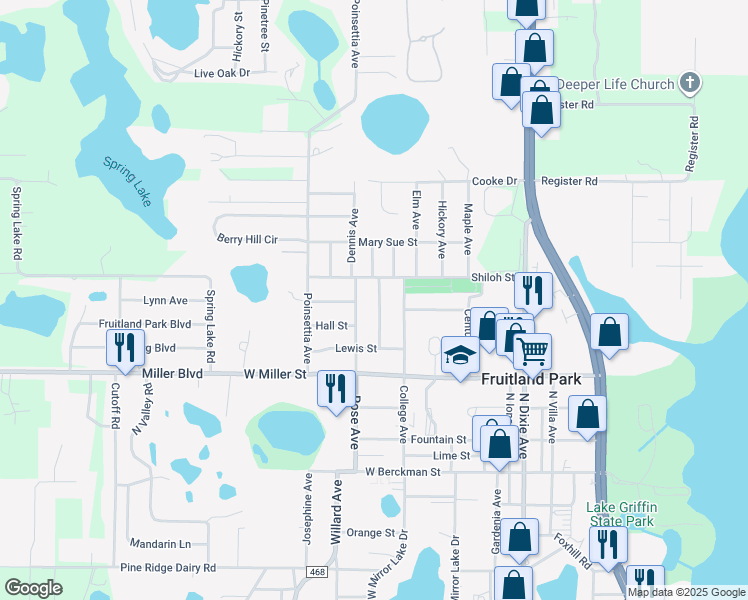 map of restaurants, bars, coffee shops, grocery stores, and more near 600 Patricia Avenue in Fruitland Park