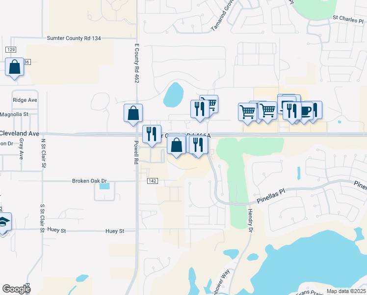 map of restaurants, bars, coffee shops, grocery stores, and more near Burnsed Boulevard in The Villages