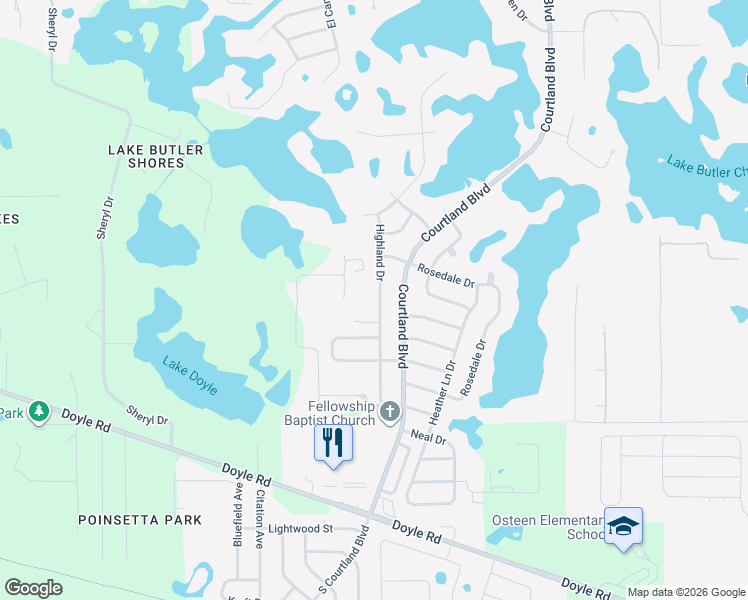 map of restaurants, bars, coffee shops, grocery stores, and more near 214 Highland Drive in Deltona
