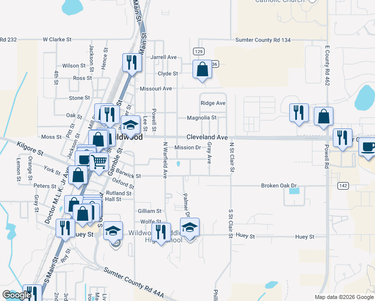 map of restaurants, bars, coffee shops, grocery stores, and more near 712 Mission Drive in Wildwood