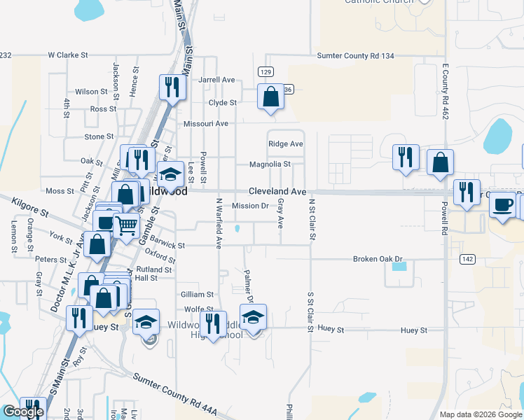 map of restaurants, bars, coffee shops, grocery stores, and more near 712 Mission Drive in Wildwood