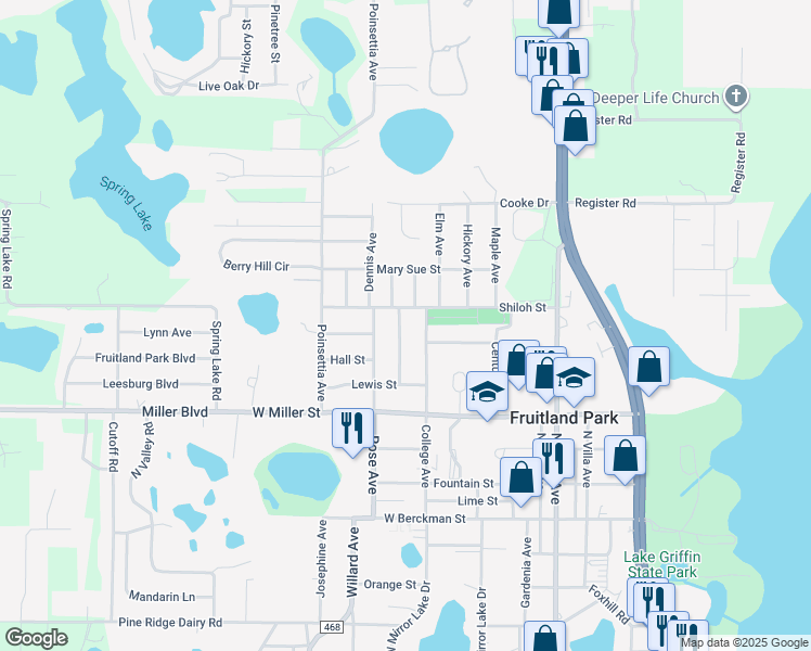 map of restaurants, bars, coffee shops, grocery stores, and more near 603 Patricia Avenue in Fruitland Park
