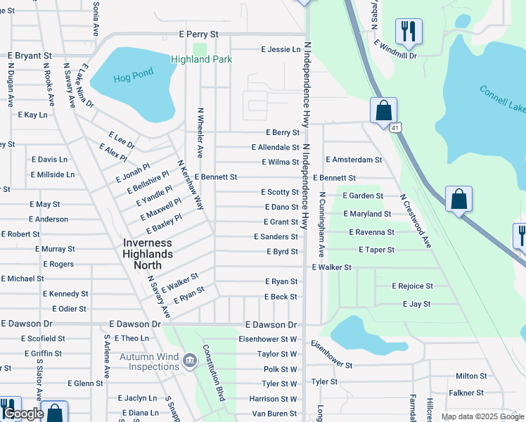 map of restaurants, bars, coffee shops, grocery stores, and more near 3998 East Dano Street in Inverness
