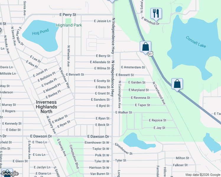 map of restaurants, bars, coffee shops, grocery stores, and more near 175 North Independence Highway in Inverness