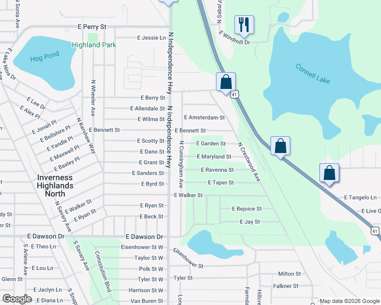 map of restaurants, bars, coffee shops, grocery stores, and more near 4276 East Garden Street in Inverness